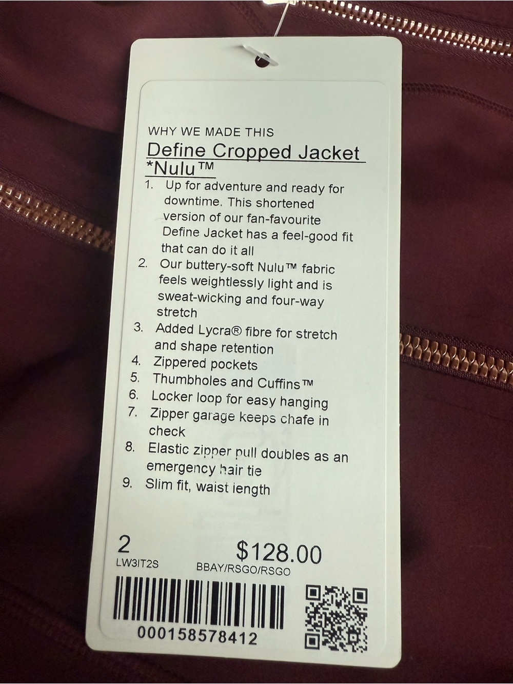 LuluLemon Define Cropped Jacket Nulu in Burgundy Bay/Rose Gold - Picture 3 of 6